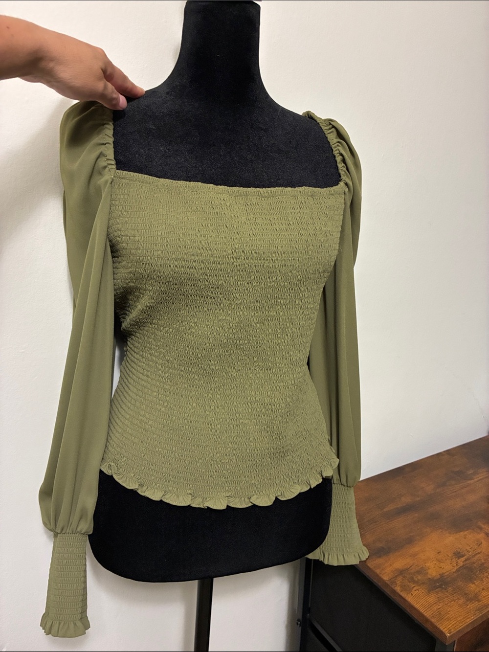 NWT Gianni Bini Olive Green Smocked Square-Neck Blouse